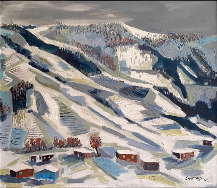 Pintura intitulada "yolbası köyü" por Turgut Aygün, Obras de arte originais, Óleo Montado em Painel de madeira
