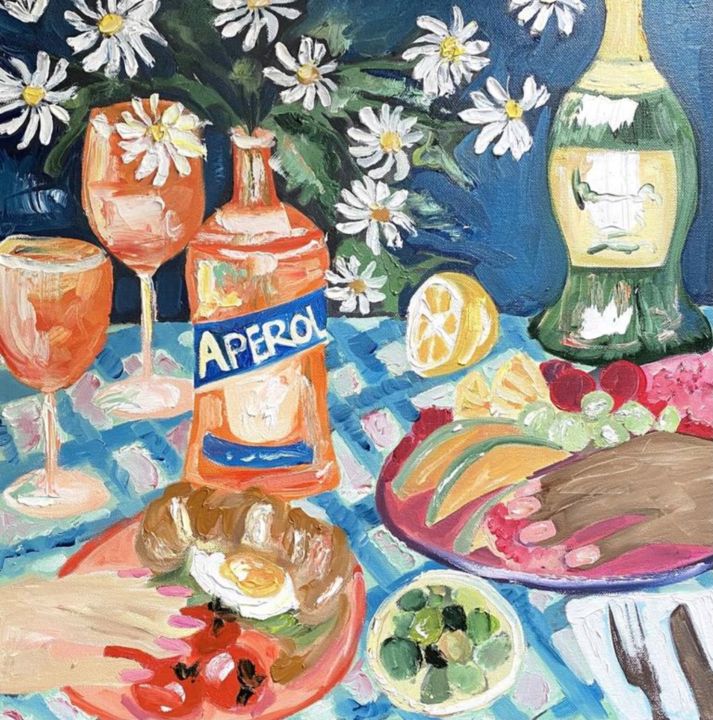 Peinture intitulée "Aperol and Champagne" par Gala Turovskaya, Œuvre d'art originale, Huile Monté sur Châssis en bois