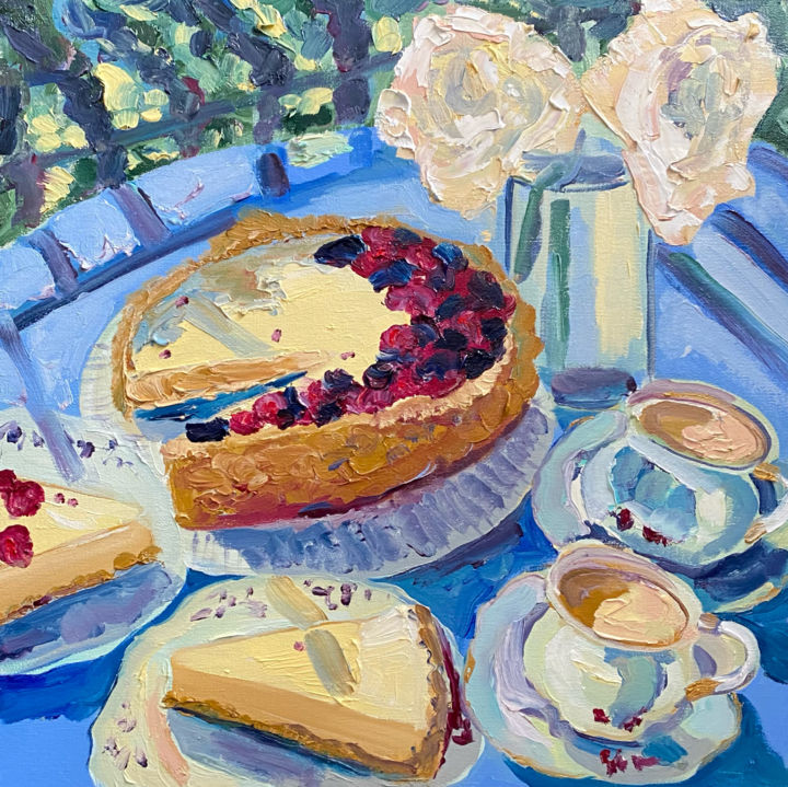 Painting titled "Coffee and cake" by Gala Turovskaya, Original Artwork, Oil Mounted on Other rigid panel