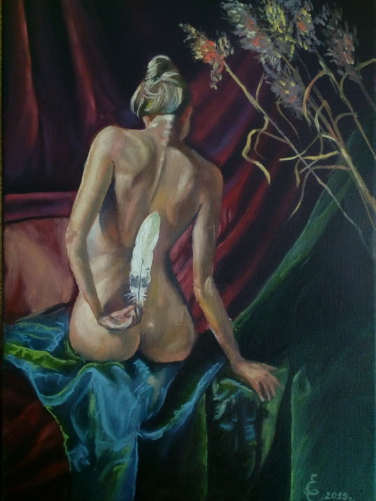 Картина под названием "Девушка с пером" - Евгения Смоленская, Подлинное произведение искусства, Масло