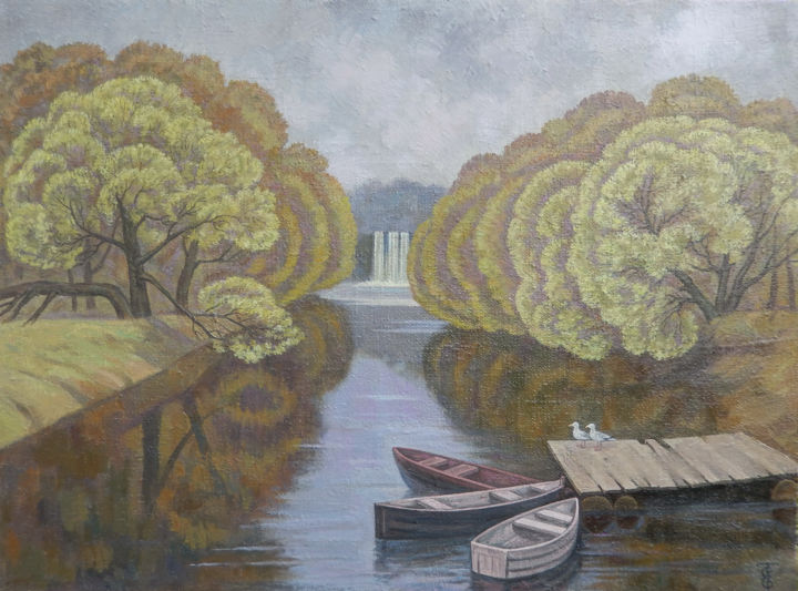 Painting titled "Пейзаж с водопадом" by Elena Tutina Dvorkina, Original Artwork, Oil