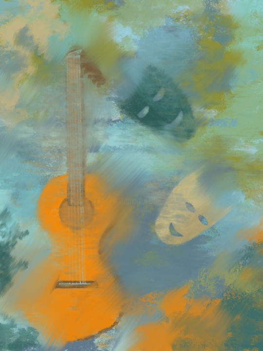 Digitale Kunst mit dem Titel "Guitar and masks fa…" von Vladimir Tuzlay, Original-Kunstwerk, Digitale Malerei