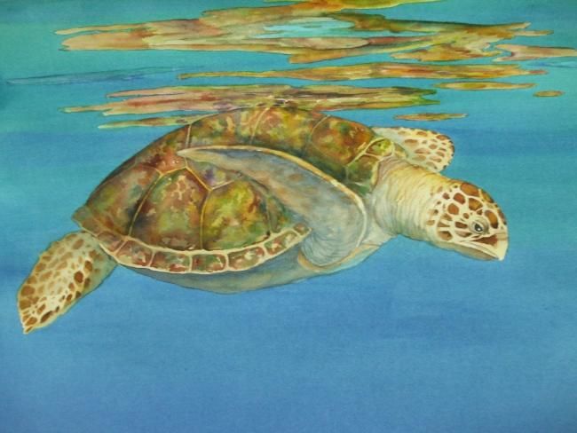 Pintura intitulada "Sea Turtle" por Linda Lord, Obras de arte originais