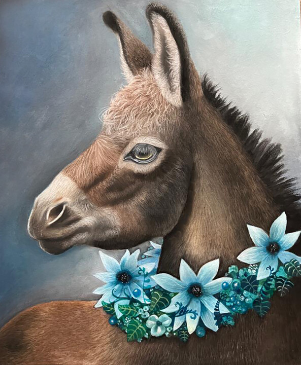 Drawing titled "Flower Donkey" by Txuscuende, Original Artwork, Pastel Mounted on Other rigid panel