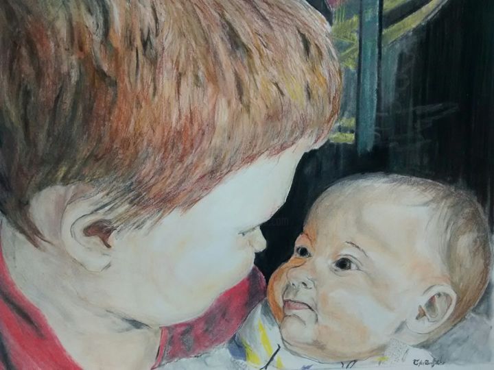 Dibujo titulada "Boy and baby sister" por Tyler Swaffield, Obra de arte original