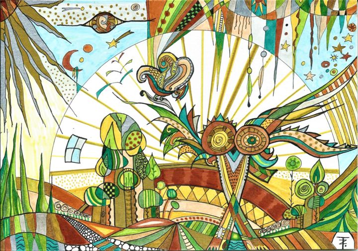 Drawing titled "C'est chouette" by Tereza De Almeida (Kaomento), Original Art, Ink Mounted on Cardboard