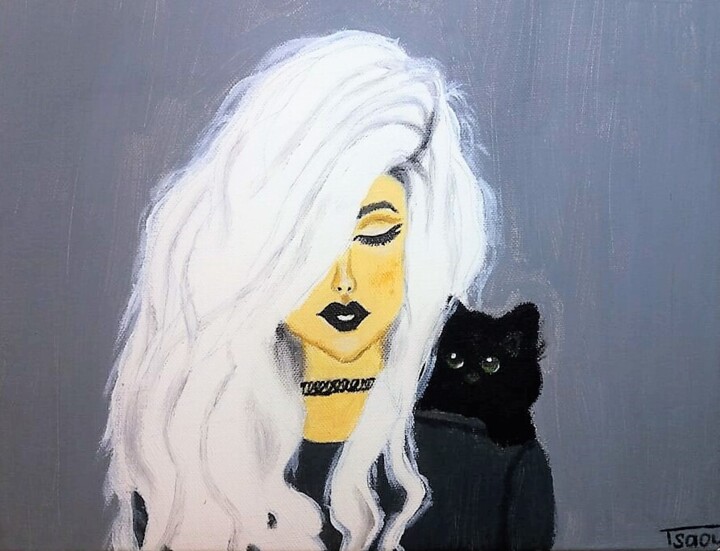 Painting titled "Woman with a cat" by Tzina Tsaou, Original Artwork, Acrylic