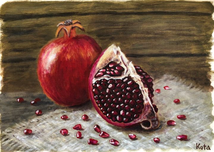 Schilderij getiteld "Pomegranates" door Kota Matsui, Origineel Kunstwerk, Olie