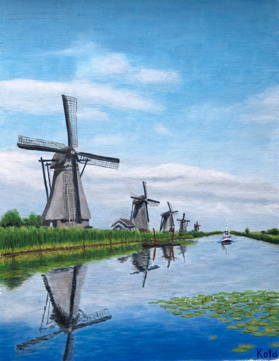 Schilderij getiteld "Windmills" door Kota Matsui, Origineel Kunstwerk, Olie