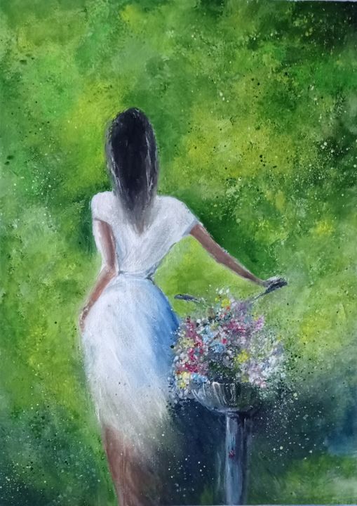 Картина под названием "Girl with bike" - Valentina Khudyakova, Подлинное произведение искусства, Гуашь