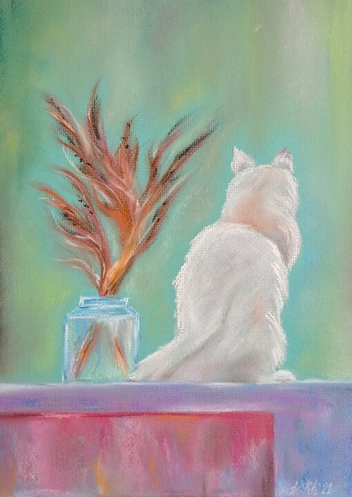 Картина под названием "Котик на окошке" - Valentina Khudyakova, Подлинное произведение искусства, Пастель