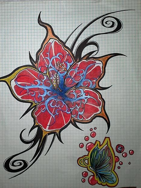 Peinture intitulée "Flower Tattoo in Co…" par Ueli Ottiger, Œuvre d'art originale