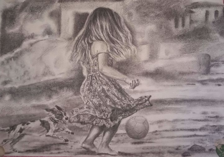 Dessin intitulée "Menina jogando bola" par Uendell Rocha, Œuvre d'art originale, Fusain