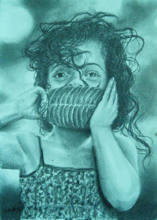 Drawing titled "Menina e folha" by Uendell Rocha, Original Artwork, Charcoal