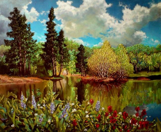 Pittura intitolato "Озеро" da Sergey Puzirchenko, Opera d'arte originale, Olio