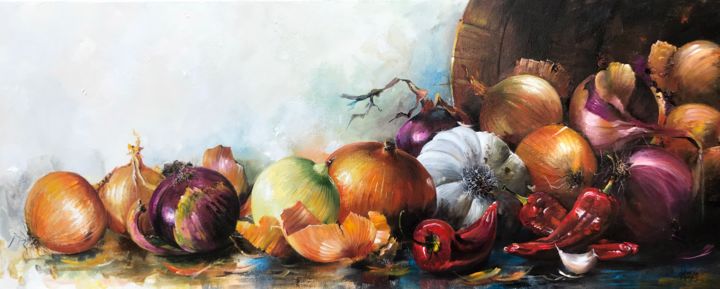 Painting titled "Onion, garlic and p…" by Ukranian Artists, Original Artwork, Oil