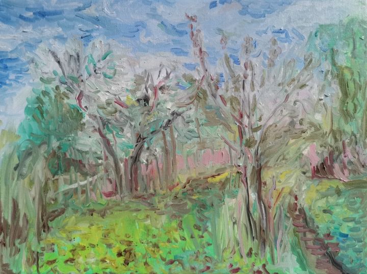 Painting titled "The Cherry Orchard" by Uliana Veretennikova, Original Artwork, Oil Mounted on Wood Stretcher frame