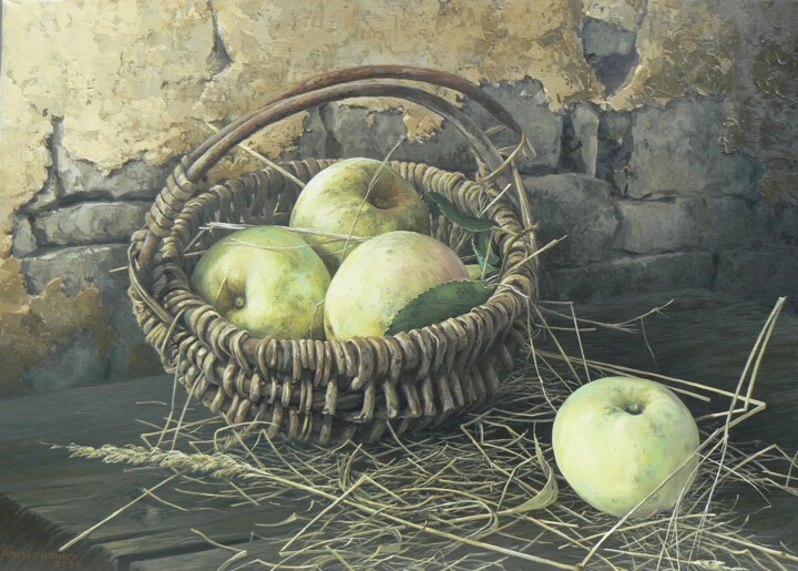Schilderij getiteld "Panier de pommes" door Uladzimir Anishchanka, Origineel Kunstwerk, Olie Gemonteerd op Frame voor houten…