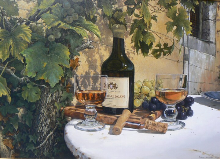 Painting titled "VIN JAUNE" by Uladzimir Anishchanka, Original Artwork, Oil Mounted on Wood Stretcher frame