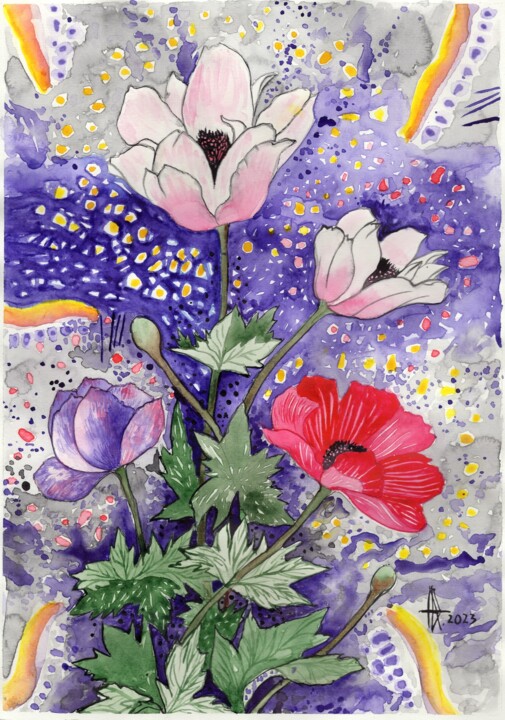 Pintura intitulada "Evening bloom" por Ulia Nagornaa, Obras de arte originais, Aquarela