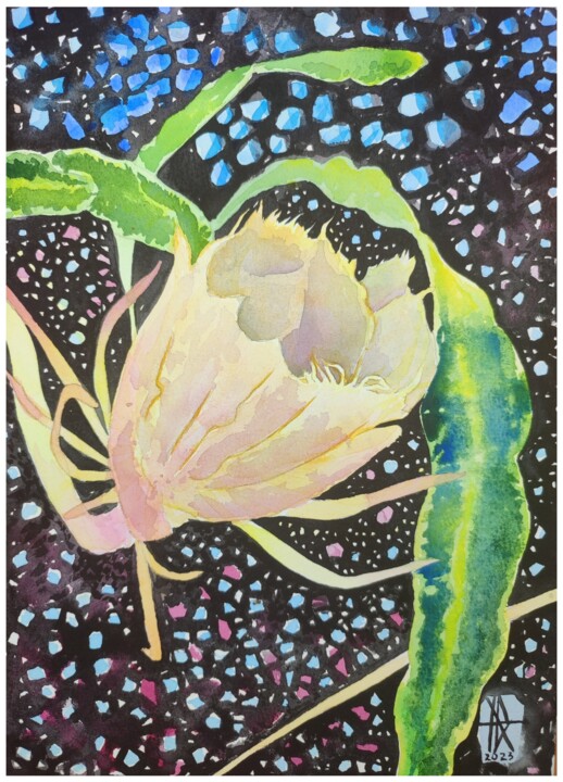 Картина под названием "Night flower" - Юлия Нагорная, Подлинное произведение искусства, Акварель