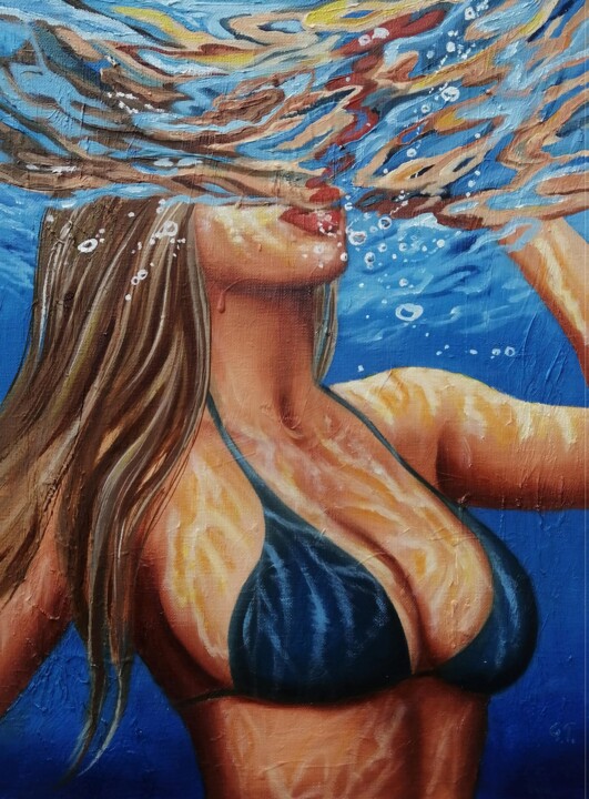 Pintura intitulada "Swimming in a bikini" por Uliana Titova, Obras de arte originais, Óleo Montado em Armação em madeira