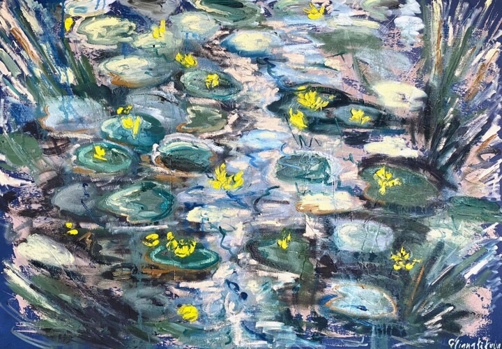 Peinture intitulée "Pond with yellow wa…" par Uliana Titova, Œuvre d'art originale, Huile Monté sur Châssis en bois