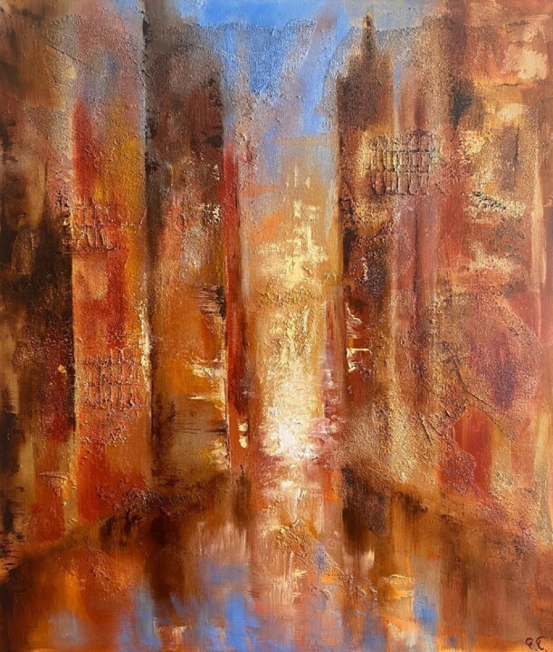 Painting titled "Evening New York" by Uliana Titova, Original Artwork, Oil Mounted on Wood Stretcher frame