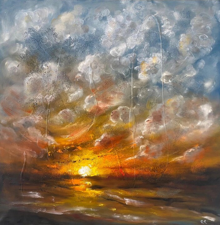 Painting titled "Evening sun after r…" by Uliana Titova, Original Artwork, Oil Mounted on Wood Stretcher frame