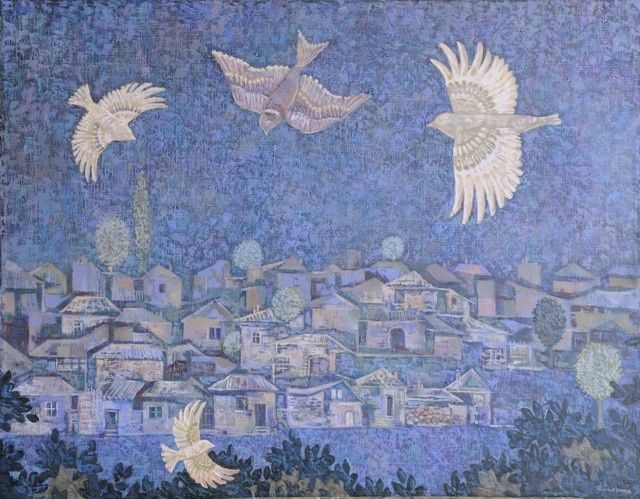 Painting titled "Над городом" by Uliana Goncharova, Original Artwork, Other