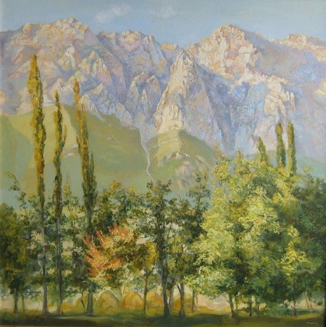 Painting titled "Утро в горах" by Uliana Goncharova, Original Artwork, Oil