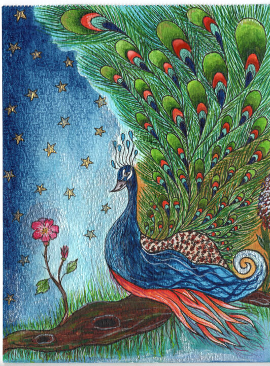 Disegno intitolato "peacock" da Ülkü Aktaş, Opera d'arte originale, Acquarello