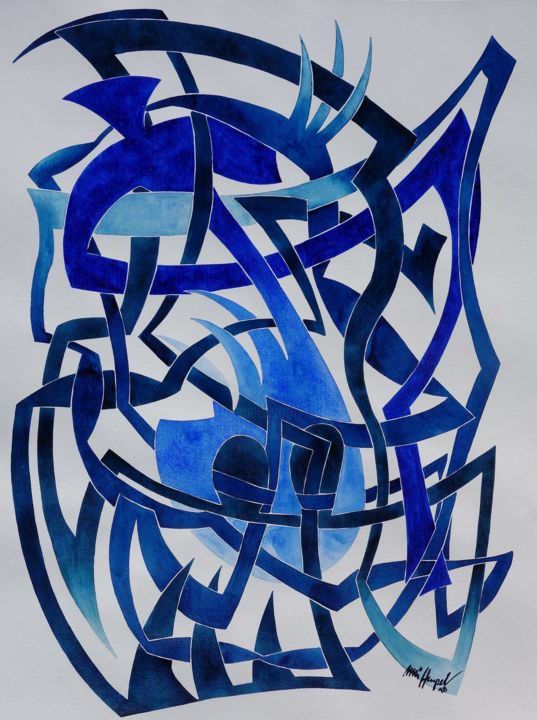 Schilderij getiteld "Kind Of Blue IV" door Ulli Heupel, Origineel Kunstwerk, Aquarel