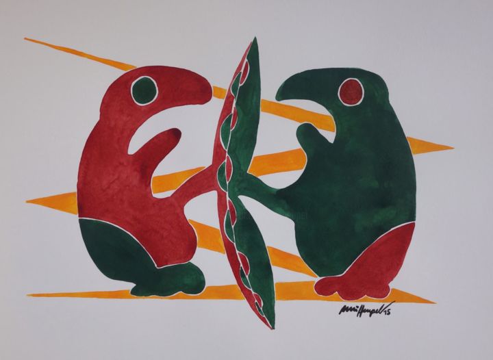 Malerei mit dem Titel "Freude mit Freunden" von Ulli Heupel, Original-Kunstwerk, Aquarell