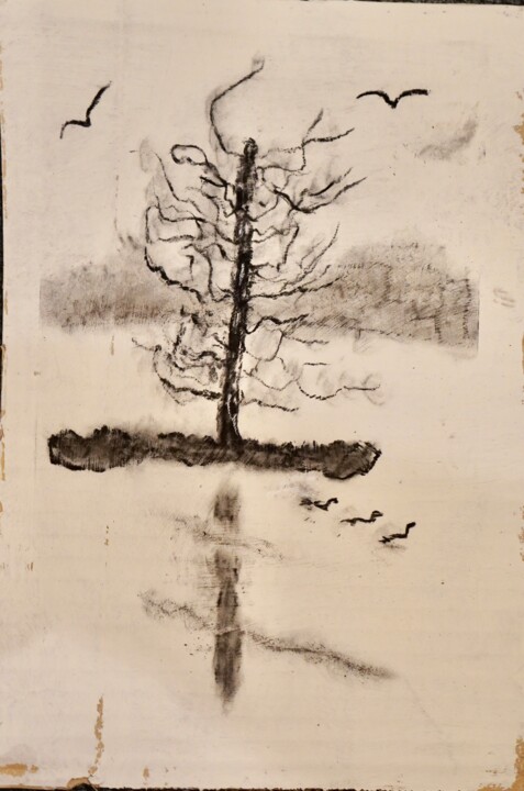 Картина под названием "Arbre dans un lac e…" - Ulrich Ernst Nievergelt, Подлинное произведение искусства, Древесный уголь