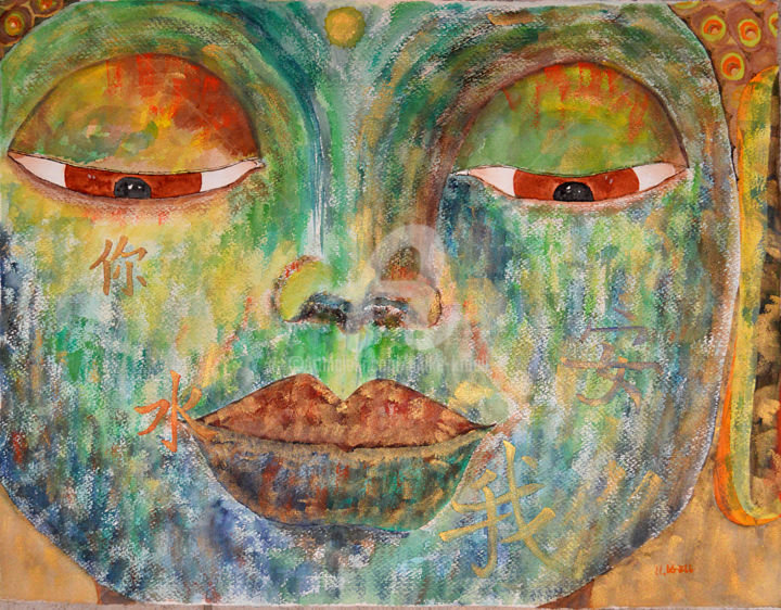 Malerei mit dem Titel "Blick des Buddha" von Ulrike Kröll, Original-Kunstwerk, Aquarell