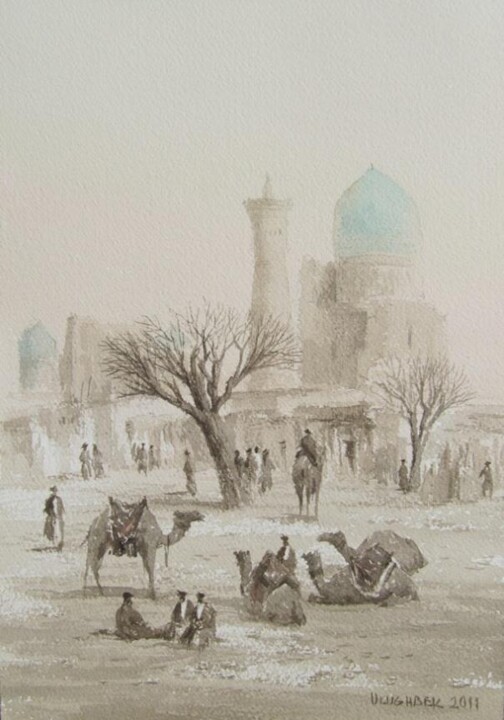 Malarstwo zatytułowany „View of old Bukhara” autorstwa Ulugbek Mukhamedov, Oryginalna praca, Akwarela