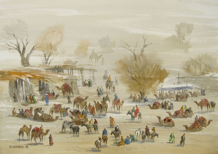 Schilderij getiteld "Camel bazaar" door Ulugbek Mukhamedov, Origineel Kunstwerk, Aquarel