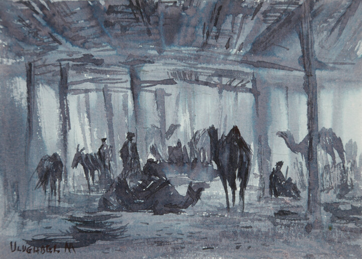 Peinture intitulée "Caravan-serai" par Ulugbek Mukhamedov, Œuvre d'art originale, Encre