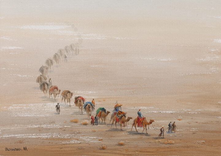Malarstwo zatytułowany „Caravan in desert” autorstwa Ulugbek Mukhamedov, Oryginalna praca, Akwarela