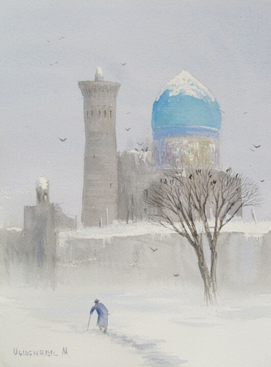 Painting titled "Paysage d'hiver" by Ulugbek Mukhamedov, Original Artwork, Watercolor