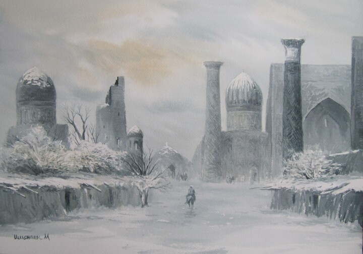 Malarstwo zatytułowany „Winter in Samarkand” autorstwa Ulugbek Mukhamedov, Oryginalna praca, Atrament
