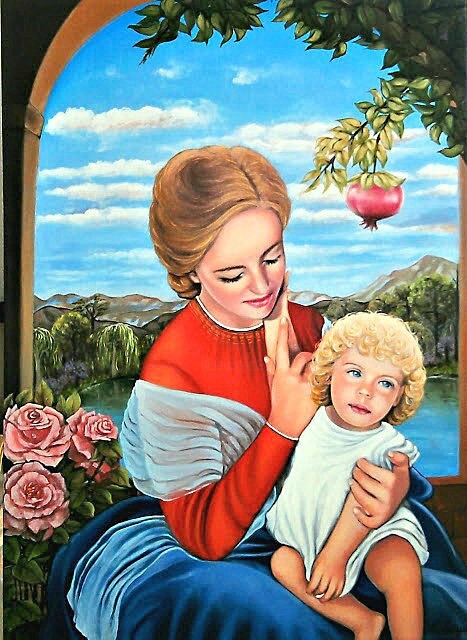 Painting titled "Madonna con bambino_" by Ulyana Holevych, Original Artwork, Acrylic Mounted on Wood Stretcher frame