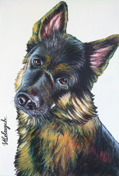 Painting titled "Lo sguardo del Cane" by Ulyana Holevych, Original Artwork, Acrylic Mounted on Wood Stretcher frame
