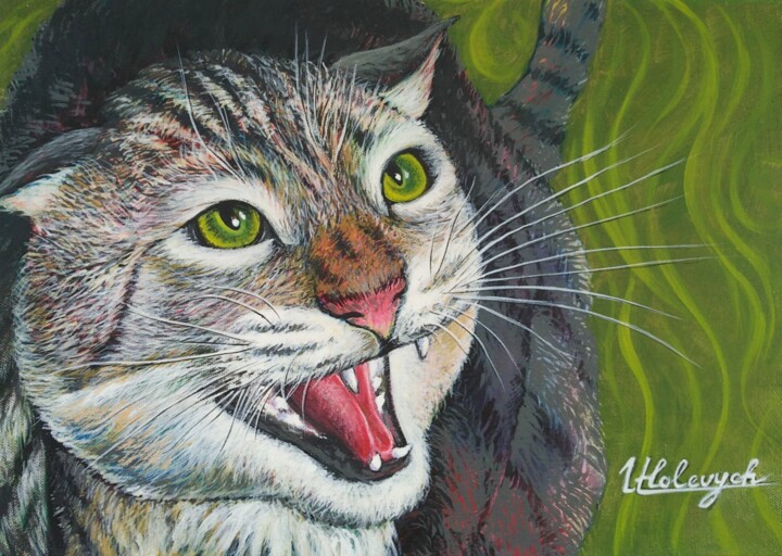 Pintura titulada "Gatto che soffia" por Ulyana Holevych, Obra de arte original, Acrílico Montado en Bastidor de camilla de m…