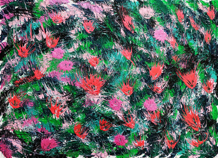 Malerei mit dem Titel "Jardin Japonais" von Ulysse Pillerel, Original-Kunstwerk, Acryl