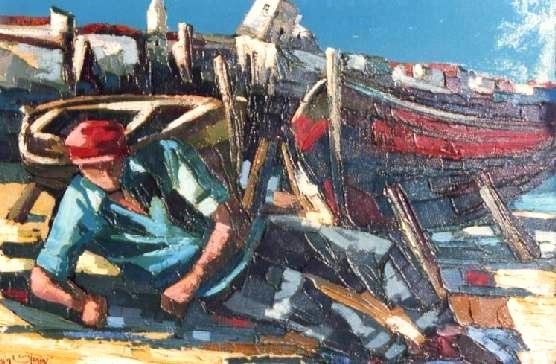 Schilderij getiteld "Pescatore" door Umberto Spera, Origineel Kunstwerk