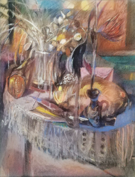 Painting titled "Still life with dry…" by Edward Umiński, Original Artwork, Pastel