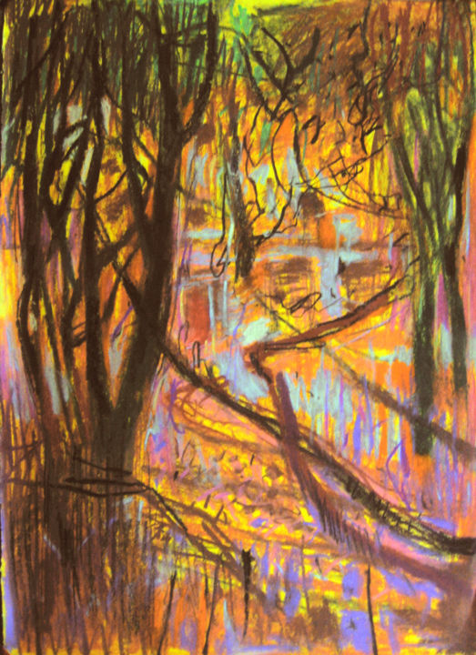 Painting titled "Drzewa w oranż świa…" by Edward Umiński, Original Artwork, Pastel