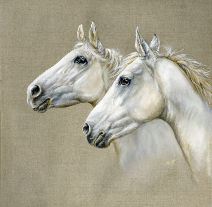 Painting titled "White horses" by Una Hurst, Original Artwork, Oil